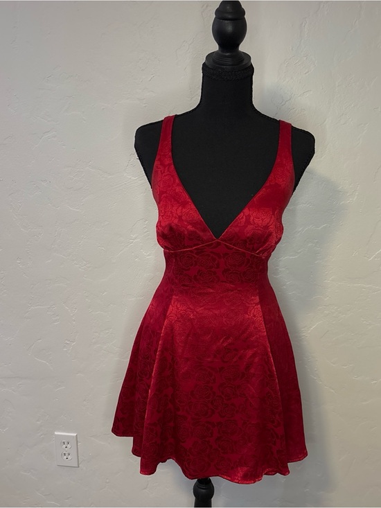 Lucy in the Sky Dresses & Skirts - Lucy in the Sky Red Floral Satin V-Neck Skater Dress